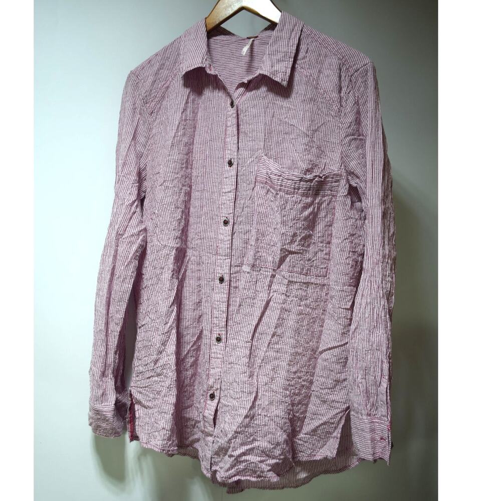 Free People Pink White Striped Textured Button Front Shirt Women's Medium